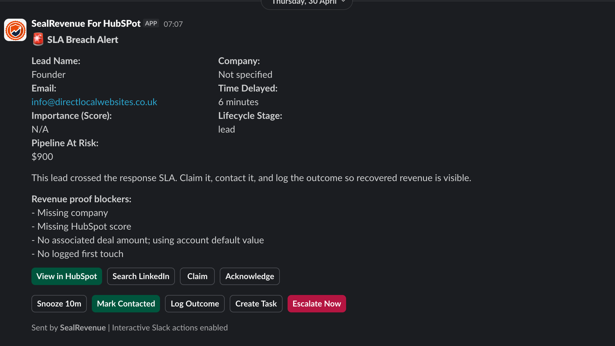 Slack alert for an uncontacted HubSpot lead
