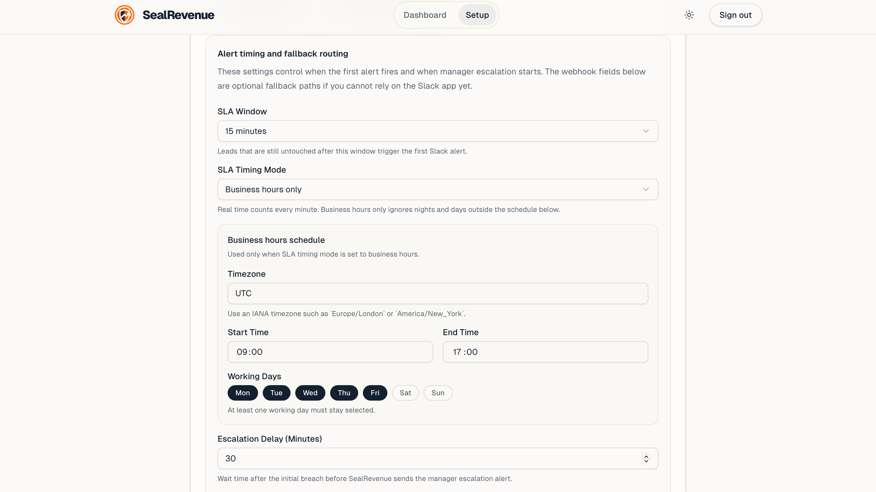 SealRevenue settings for lead response SLA timing