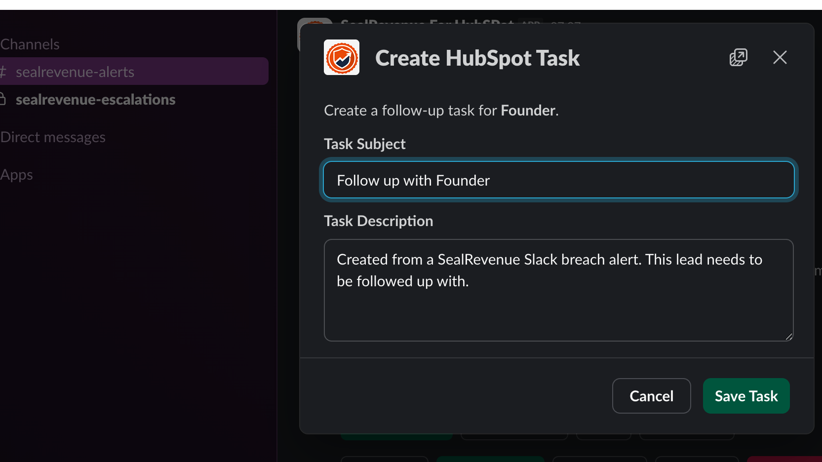HubSpot contact timeline with SealRevenue recovery note